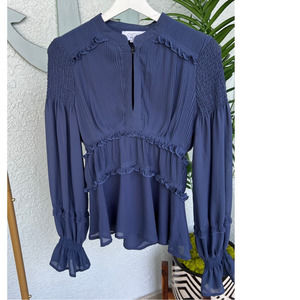 Cistar New York Blouse Ruffles Smocked Waist Balloon Sleeves Pleated Blueberry S